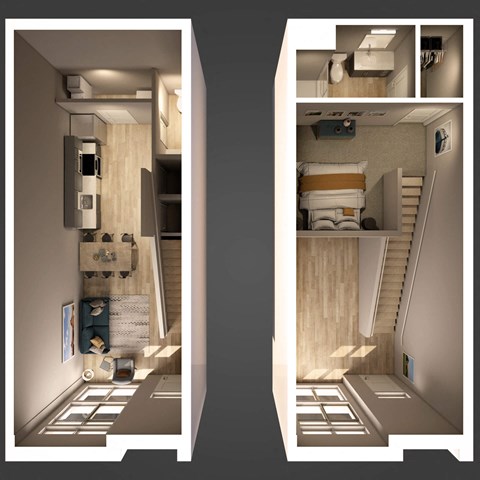 Floor plan for 1 bed, 1.5 baths, 774 sqft